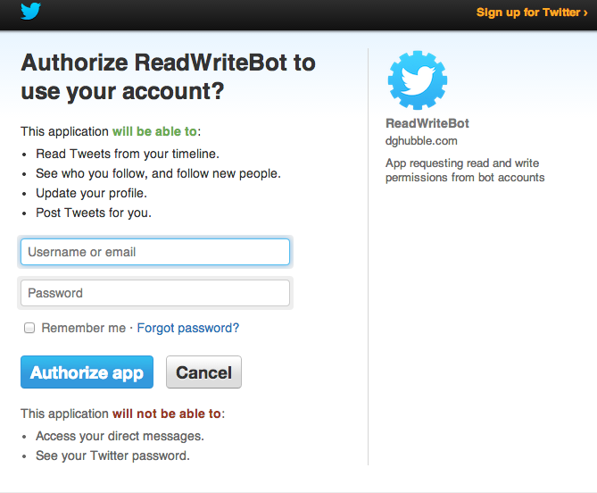 Authorize ReadWriteBot app to access bot account