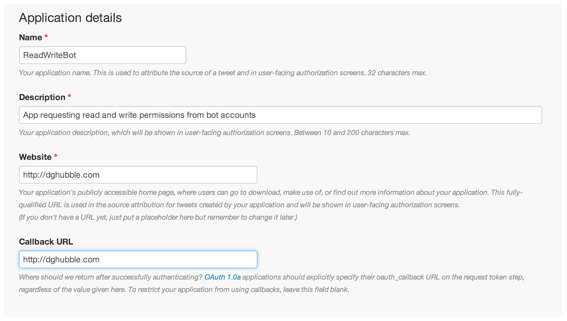 Creating a new app called ReadWriteBot app under the developer